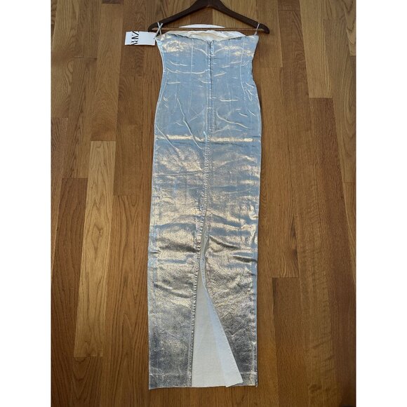 NWT ZARA Strapless Silver Coated Bodycon Midi/Maxi Dress – Shiny Metallic Night- - Picture 3 of 7